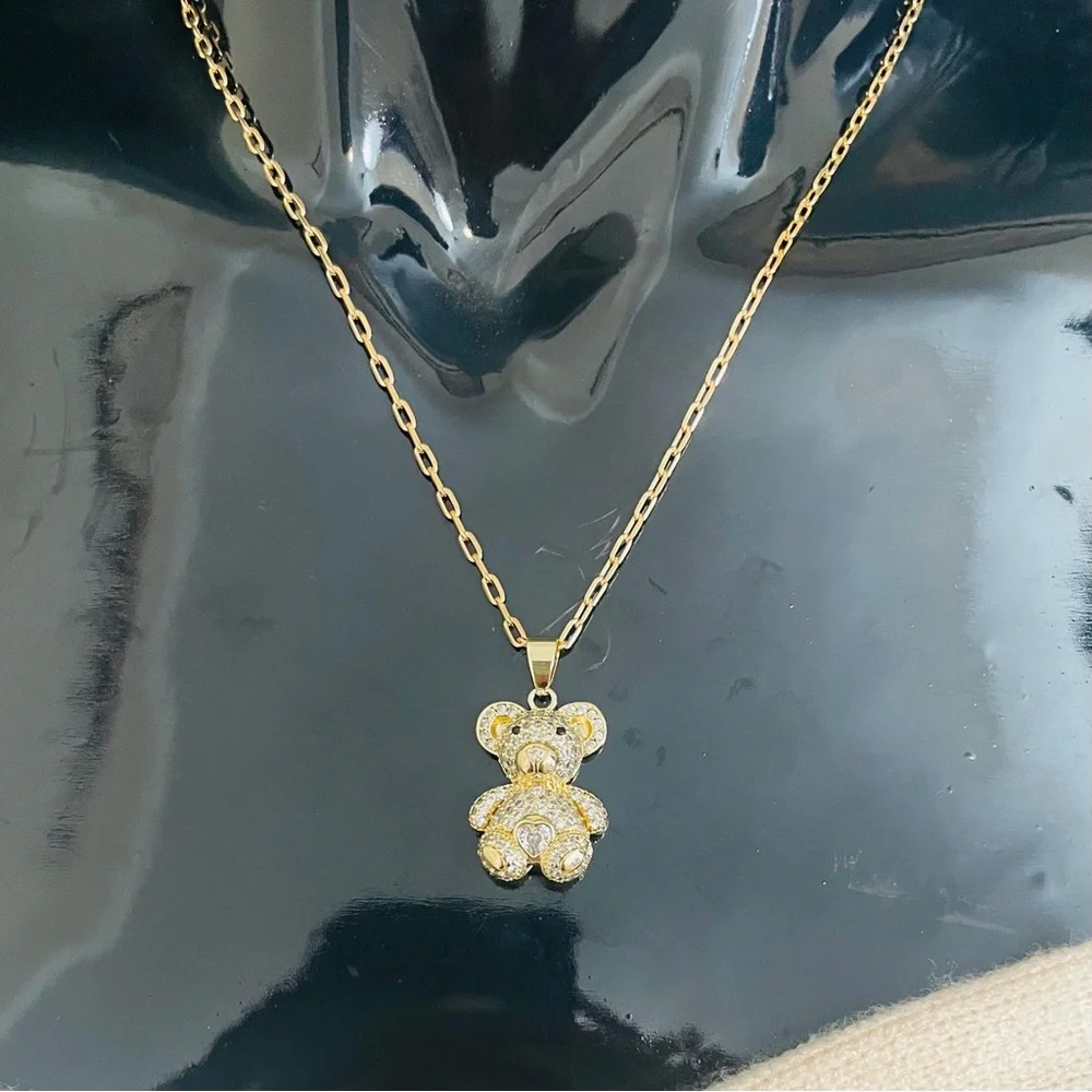 Iced Out Teddy Bear Paperclip Necklace 18K Yellow Gold Filled NWOT
